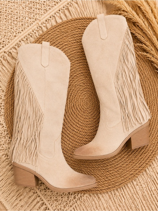Fashion Nova Shoes - Fashion Nova Beige Fringe Knee-High Heeled Boots